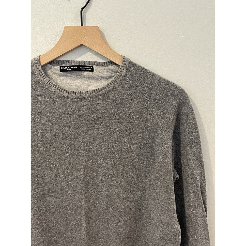 ZARA Sweater Elbow Patch Crew Neck Gray Cotton Tight‎ Knit Men's Size Small